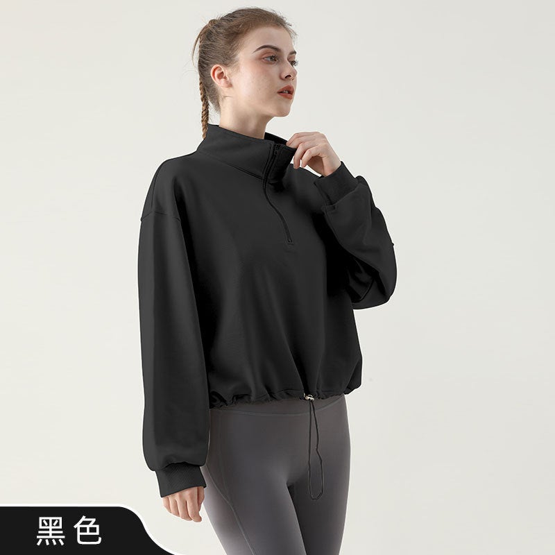 Fleece Half-Zip Collar Sport Sweatshirt Yoga Top Black  - Image 1