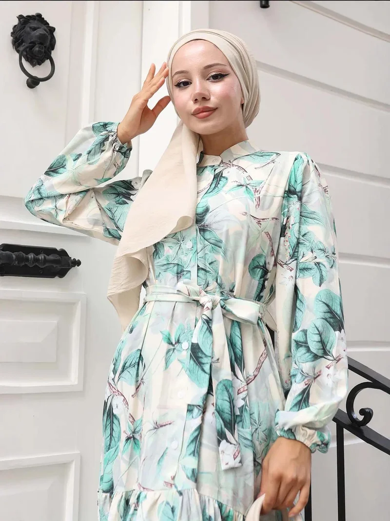 بيغ دارت فستان ماكسي بياقة دائرية وأزرار وحزام خصر