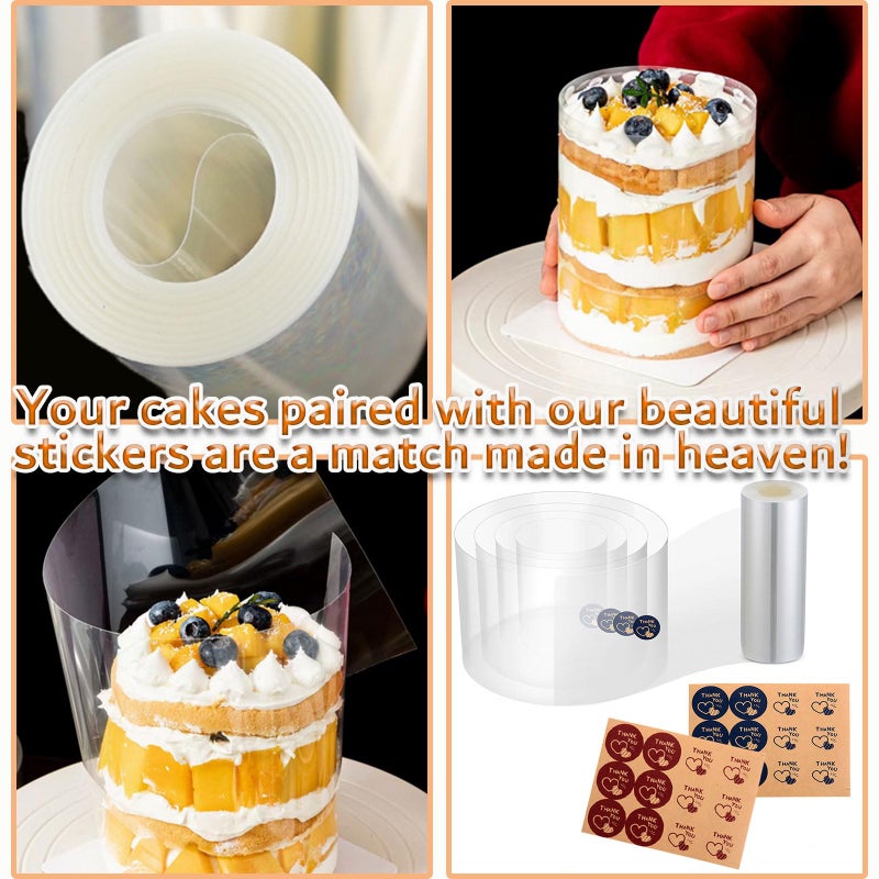DATANYA Cake Collars 8 Inch Acetate Rolls Clear Acetate Sheets Transparent Mousse Cake Collar Cake Strips for Baking, Surrounding Edge Decorating + Bonus with Delicate Stickers(8 x 394inch) - Image 3
