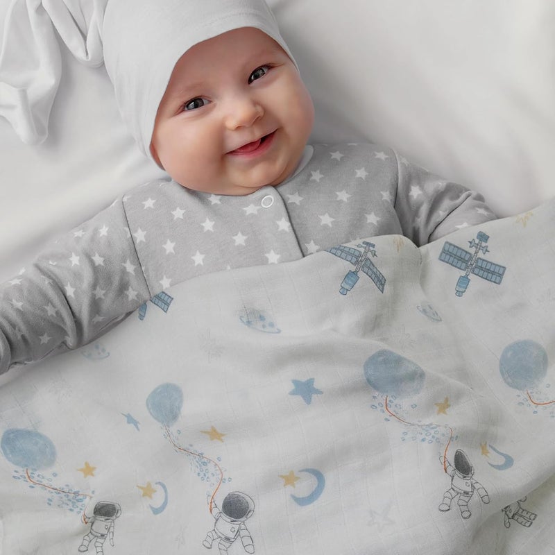 3-Pack Cotton Muslin Swaddle Blankets - Blue Astronaut Design - Image 2