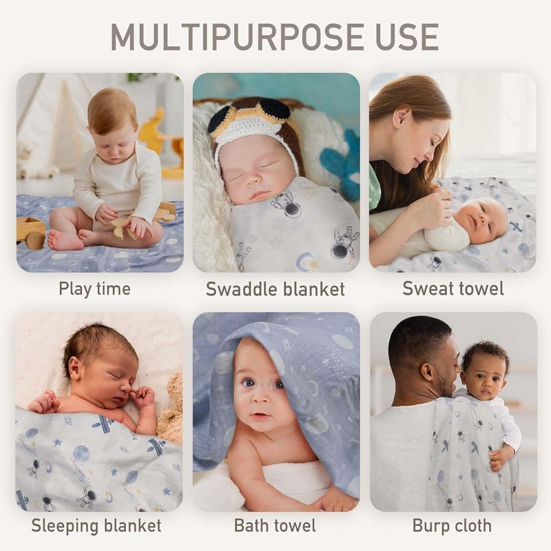 3-Pack Cotton Muslin Swaddle Blankets - Blue Astronaut Design - Image 4