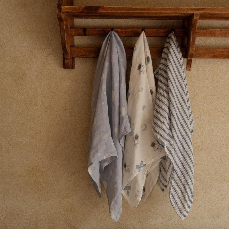 3-Pack Cotton Muslin Swaddle Blankets - Blue Astronaut Design - Image 5