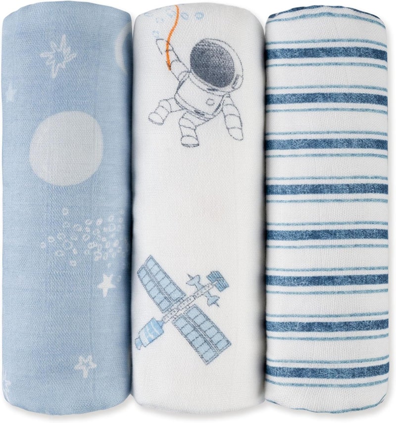 3-Pack Cotton Muslin Swaddle Blankets - Blue Astronaut Design - Image 1