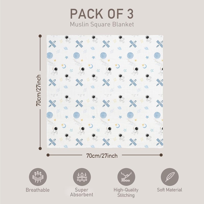 3-Pack Cotton Muslin Swaddle Blankets - Blue Astronaut Design - Image 3