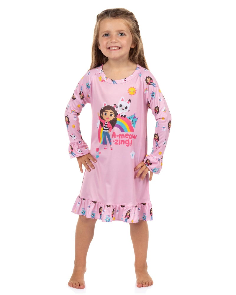 INTIMO Gabby's Dollhouse Pajama Toddler Girl's A-meowzing Long Sleeve Ruffle Nightgown, Pink, 2 Years - Image 1
