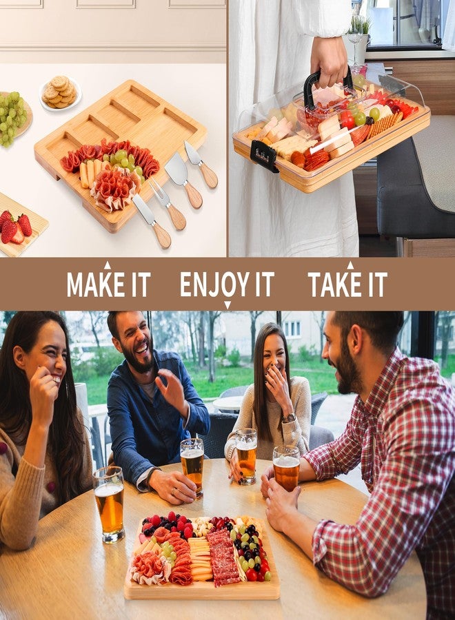 CAWIU Charcuterie Board with Lid and Handle - Portable Travel Design Bamboo Cheese Board Set with 4 Cheese Tools, Gift for Housewarming, Weddings, Picnics (6 Compartments, Black) - Image 3