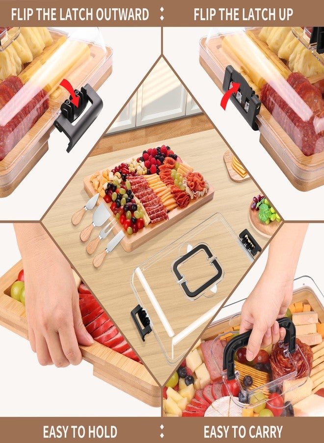 CAWIU Charcuterie Board with Lid and Handle - Portable Travel Design Bamboo Cheese Board Set with 4 Cheese Tools, Gift for Housewarming, Weddings, Picnics (6 Compartments, Black) - Image 2