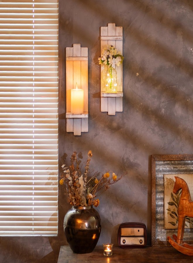 Walasis Farmhouse Candle Sconces Wall Decor: Set of Two Rustic Wood Candle Holder Wall Decor - Distressed White Candle Sconces for Bedroom Living Room Bathroom - Image 4