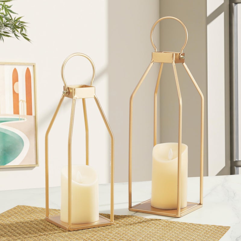 Perfnique Modern Farmhouse Lantern Decor 15 126 Set of 2 Gold Metal Lanterns 2 LED 6hr Timer Flickering Flameless Candles Lanterns Decorative for Outdoor Porch Fireplace Patio