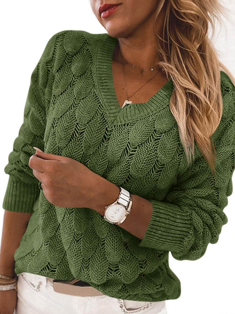 Langwyqu Women's V Neck Long Sleeve Pullover Sweater Lightweight Knit Sweaters Novelty Sweaters Army Green - Image 2