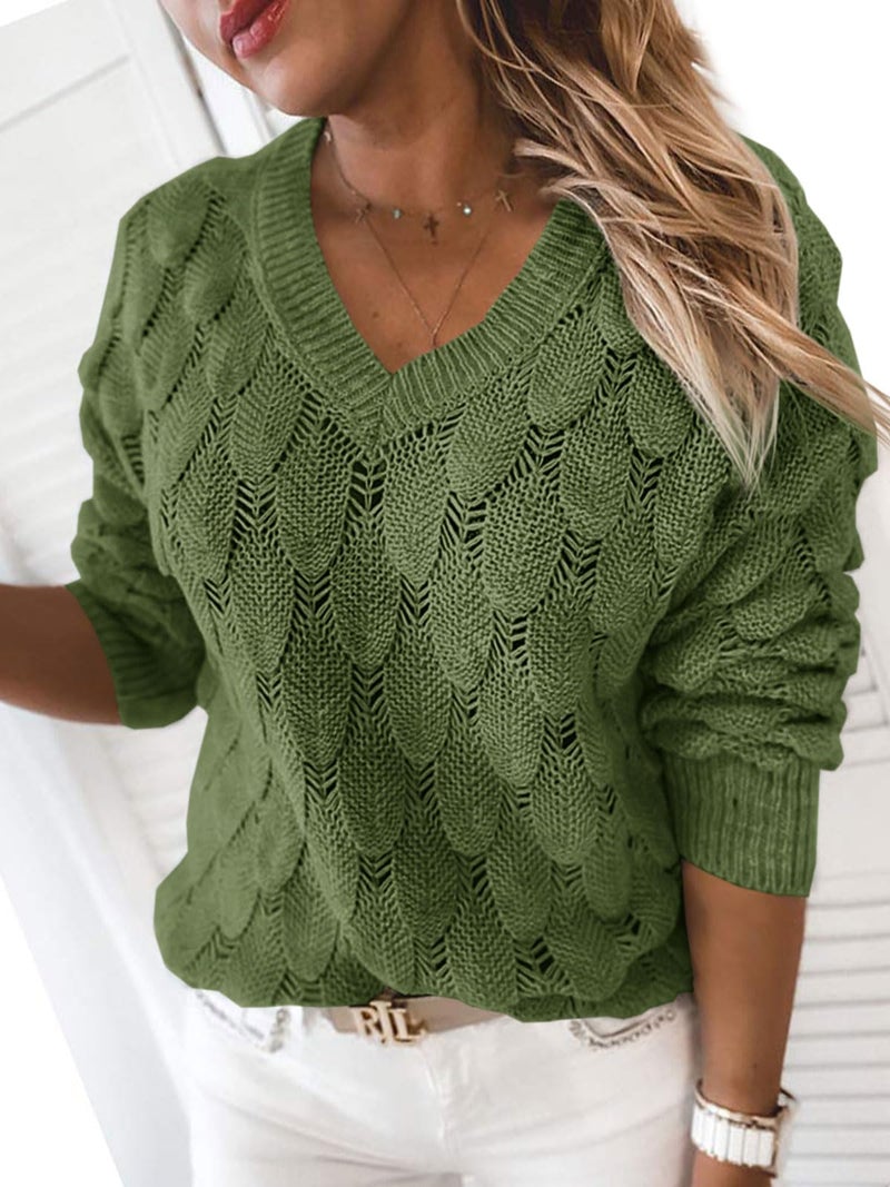 Langwyqu Women's V Neck Long Sleeve Pullover Sweater Lightweight Knit Sweaters Novelty Sweaters Army Green - Image 3