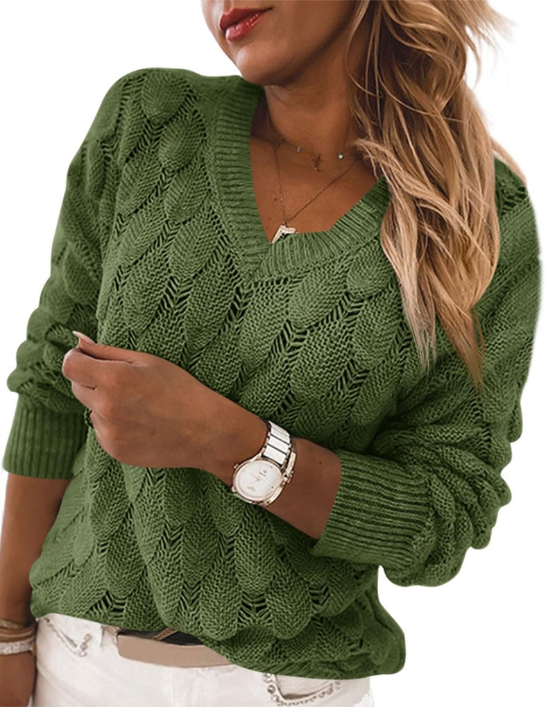 Langwyqu Women's V Neck Long Sleeve Pullover Sweater Lightweight Knit Sweaters Novelty Sweaters Army Green - Image 1