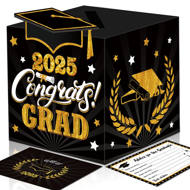 algpty Graduation Wish Cards with Black and Gold Card Holder Box 36PCS Class Of 2025 Advice Cards and 2025 Congrats Grad Card Box for Graduation Party Supplies Decoration