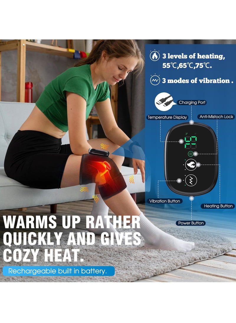 AROAQ Heated Knee Brace Support, Electric Heating Knee Massager, Far Infrared Joint Physiotherapy Elbow Knee Pad, Usb Charging Vibration Massage knee pad for Knee Injury Cramps Arthritis, (Type A-Black) - Image 2