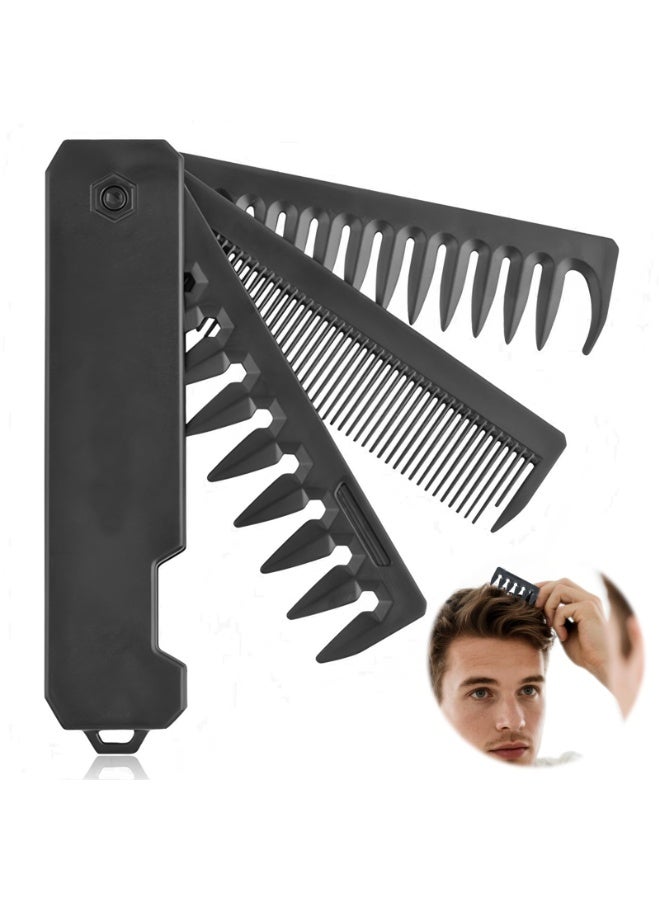 مشط شعر رجالي قابل للطي 3 في 1 - مشط جيب للرجال بأسنان دقيقة وعريضة، تصميم قابل للطي للسفر، مثالي لتصفيف اللحية والشعر، مثالي للاستخدام اليومي والتصفيف أثناء التنقل - Image 1