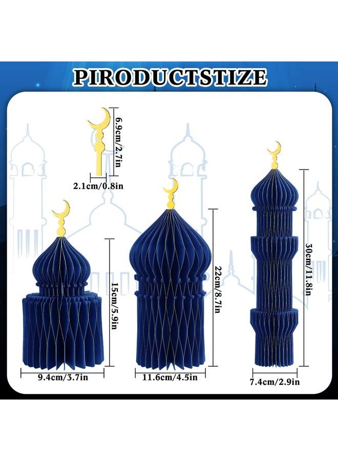 MotiMind 5 PCS Ramadan Party Decorations Ramadan 3D Honeycomb Centerpiece Eid Mubarak Centerpieces Islamic Table Decoration for Home Office Party Supplies (Blue) - Image 3