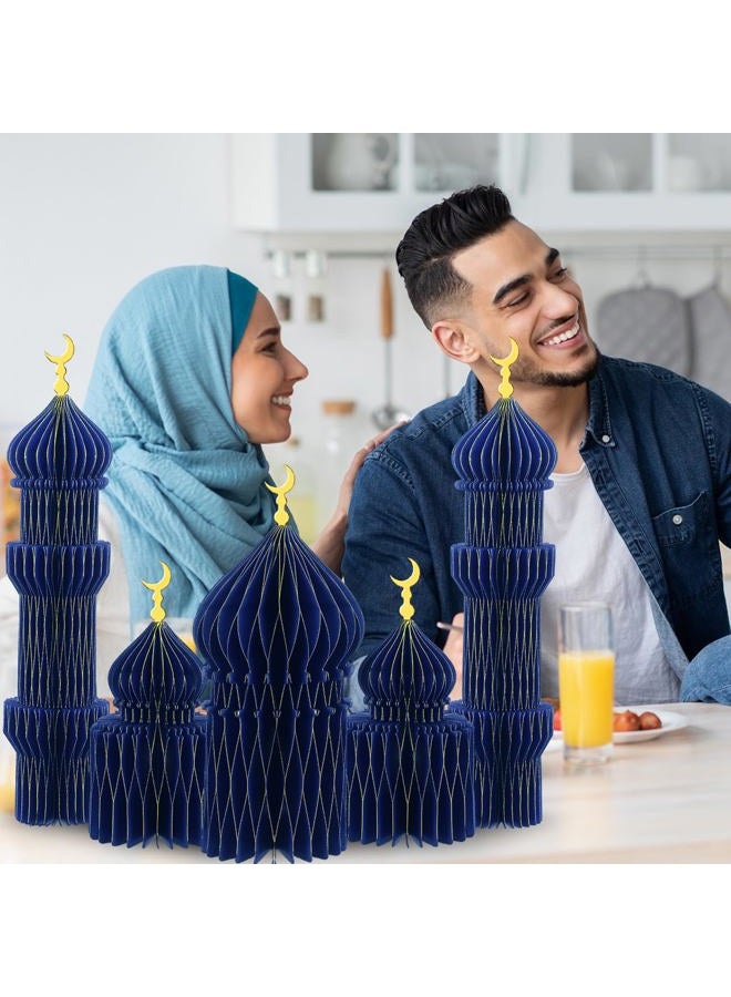 MotiMind 5 PCS Ramadan Party Decorations Ramadan 3D Honeycomb Centerpiece Eid Mubarak Centerpieces Islamic Table Decoration for Home Office Party Supplies (Blue) - Image 5