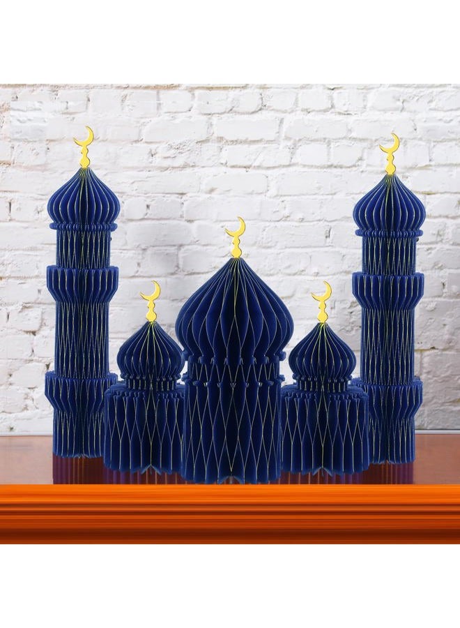 MotiMind 5 PCS Ramadan Party Decorations Ramadan 3D Honeycomb Centerpiece Eid Mubarak Centerpieces Islamic Table Decoration for Home Office Party Supplies (Blue) - Image 2
