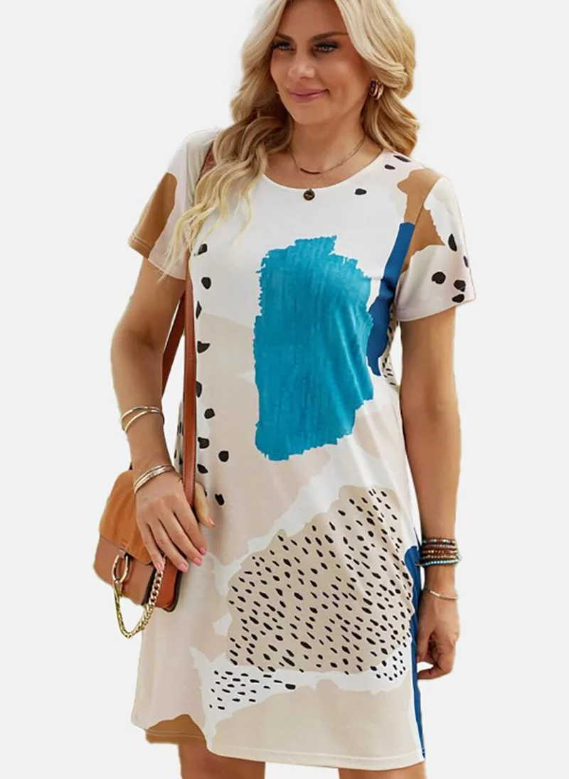YUNIQEE White Basic Printed Crew Neck Short Sleeve Dress