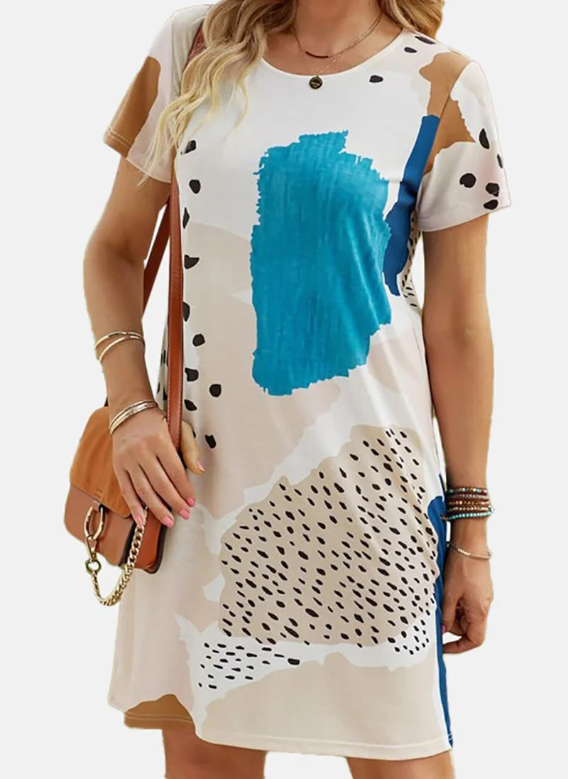 YUNIQEE White Basic Printed Crew Neck Short Sleeve Dress
