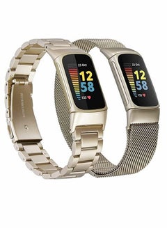Y&D Compatible with Fitbit Charge 5 Bands Sets, 2 Pack Stainless Steel Metal Band Mesh Woven Magnetic Wristband Replacement for Advanced Fitness & Health Tracker, Champaign Gold  - Image 1