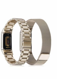 Y&D Compatible with Fitbit Charge 5 Bands Sets, 2 Pack Stainless Steel Metal Band Mesh Woven Magnetic Wristband Replacement for Advanced Fitness & Health Tracker, Champaign Gold  - Image 2
