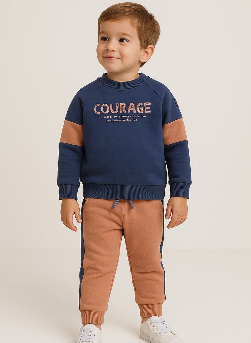 Dirkje Boys Courage Fleece Tracksuit – Navy & Orange 2-Piece Set - Image 1
