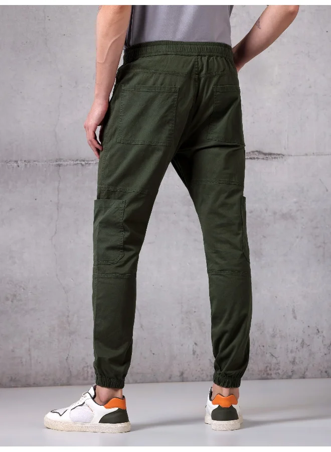 Beyoung Solid Army Green Regular Fit Cargo Pant for men