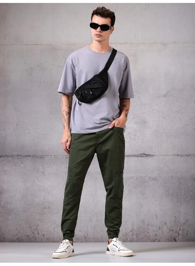 Beyoung Solid Army Green Regular Fit Cargo Pant for men