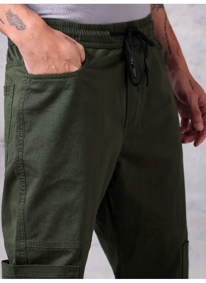 بيونغ Solid Army Green Regular Fit Cargo Pant for men