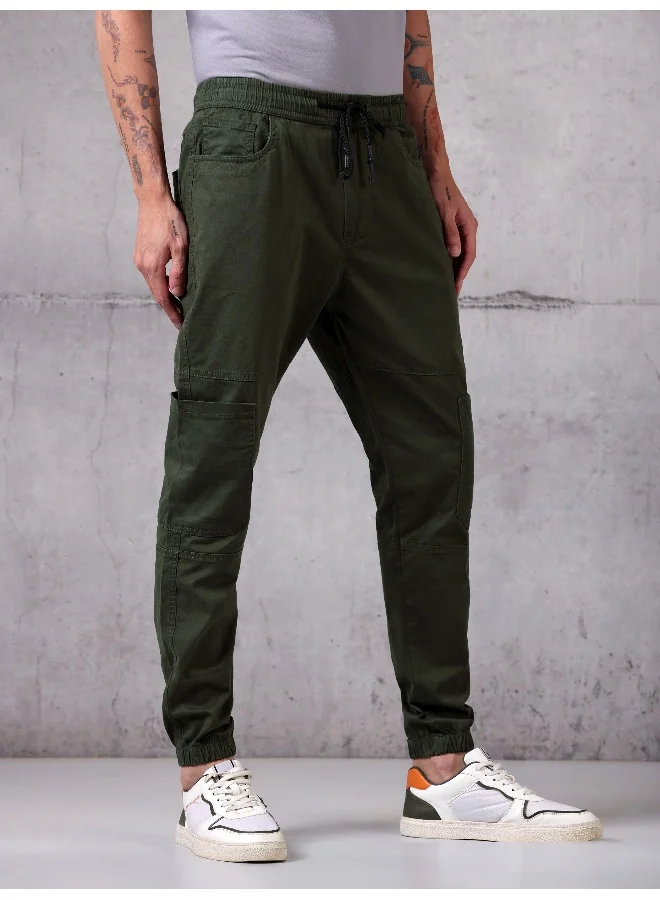 Beyoung Solid Army Green Regular Fit Cargo Pant for men