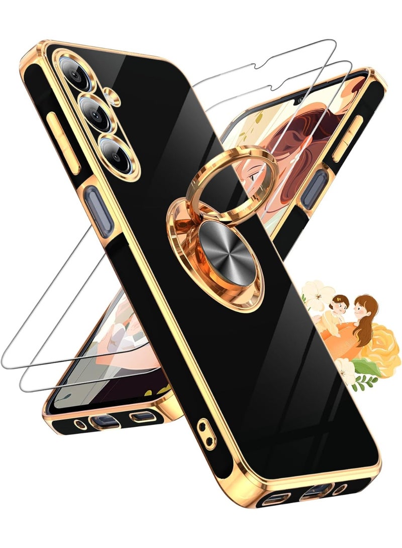 for Samsung Galaxy A16-5G Phone Case: 2 Pack Tempered Glass Screen Protector and 360° Rotatable Ring Holder Magnetic Kickstand, Plating Rose Gold Edge para Samsung A 16 5G, Black - Image 1
