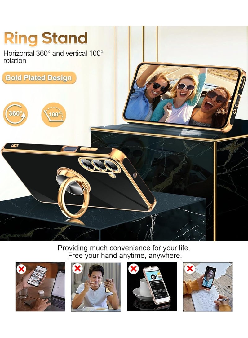for Samsung Galaxy A16-5G Phone Case: 2 Pack Tempered Glass Screen Protector and 360° Rotatable Ring Holder Magnetic Kickstand, Plating Rose Gold Edge para Samsung A 16 5G, Black - Image 4