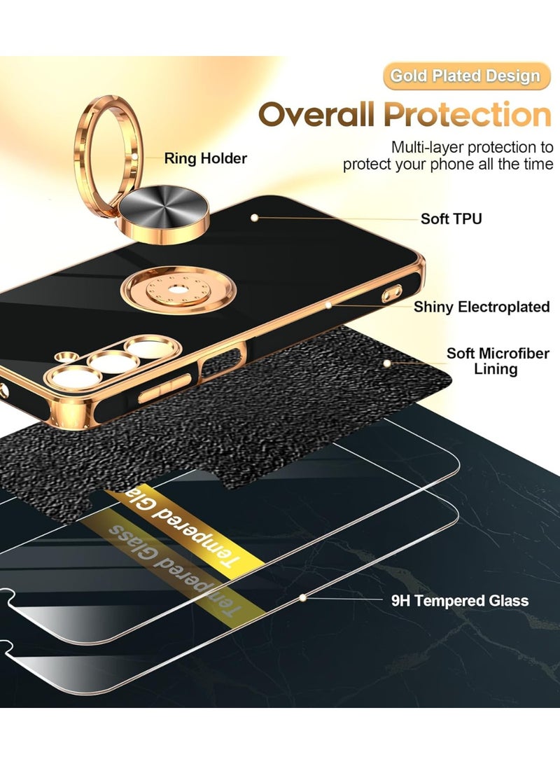 for Samsung Galaxy A16-5G Phone Case: 2 Pack Tempered Glass Screen Protector and 360° Rotatable Ring Holder Magnetic Kickstand, Plating Rose Gold Edge para Samsung A 16 5G, Black - Image 3