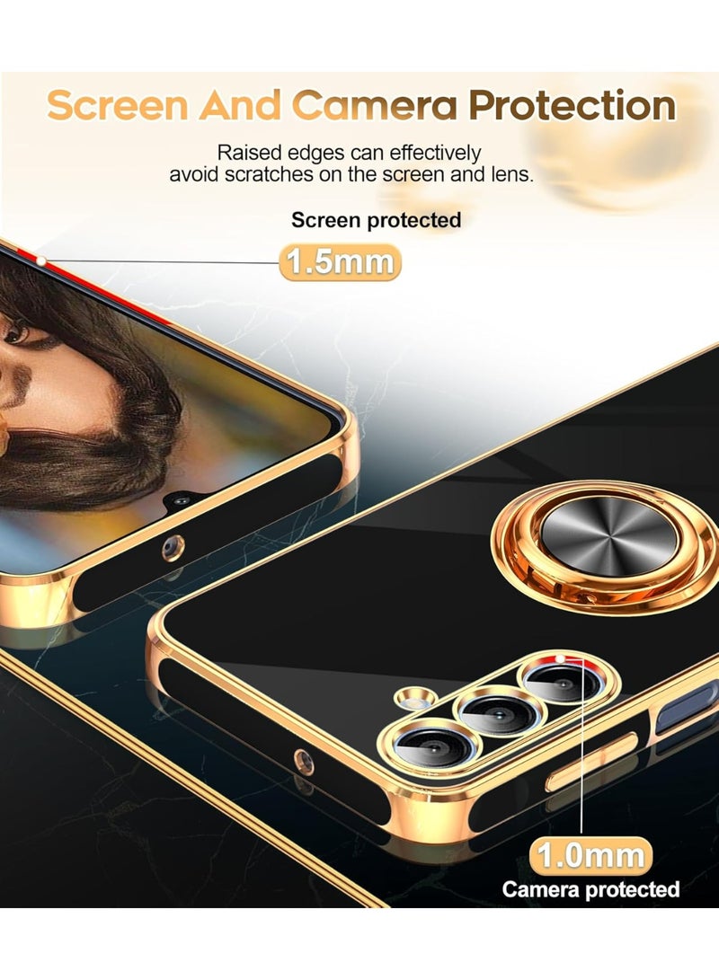 for Samsung Galaxy A16-5G Phone Case: 2 Pack Tempered Glass Screen Protector and 360° Rotatable Ring Holder Magnetic Kickstand, Plating Rose Gold Edge para Samsung A 16 5G, Black - Image 5