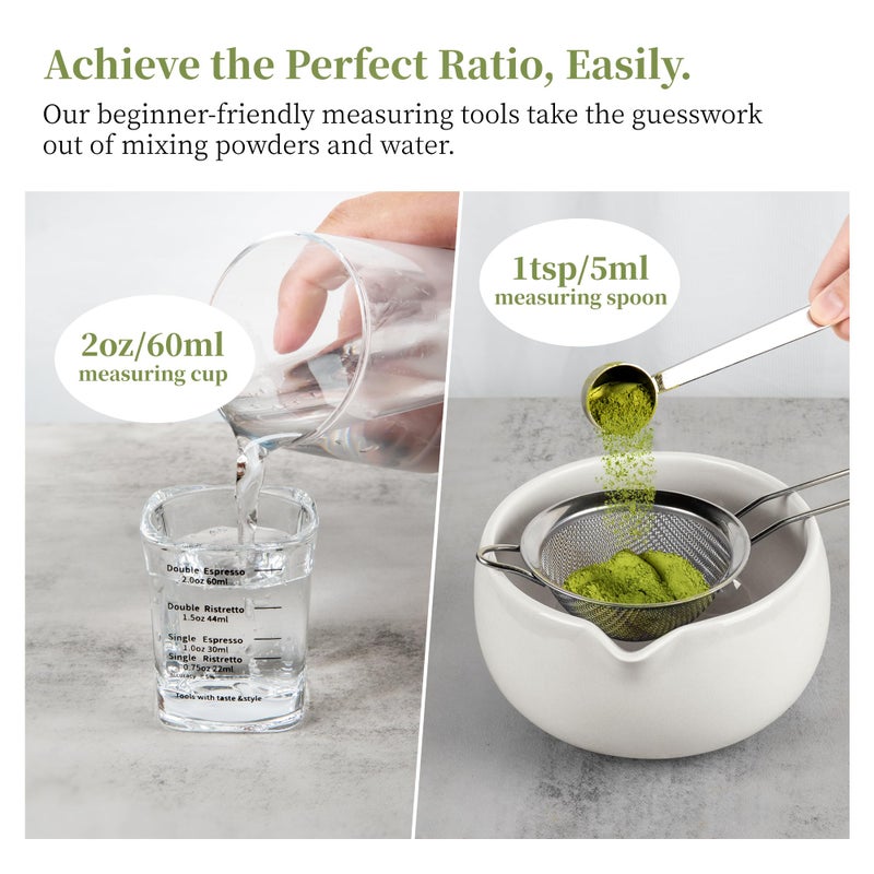 YIBO Matcha Whisk Set White, Matcha Set Kit Includes Ceramic Matcha Bowl, Bamboo Whisk, Scoop, Measuring Spoon & Cup, Chasen Holder, Sifter Tool - Image 3