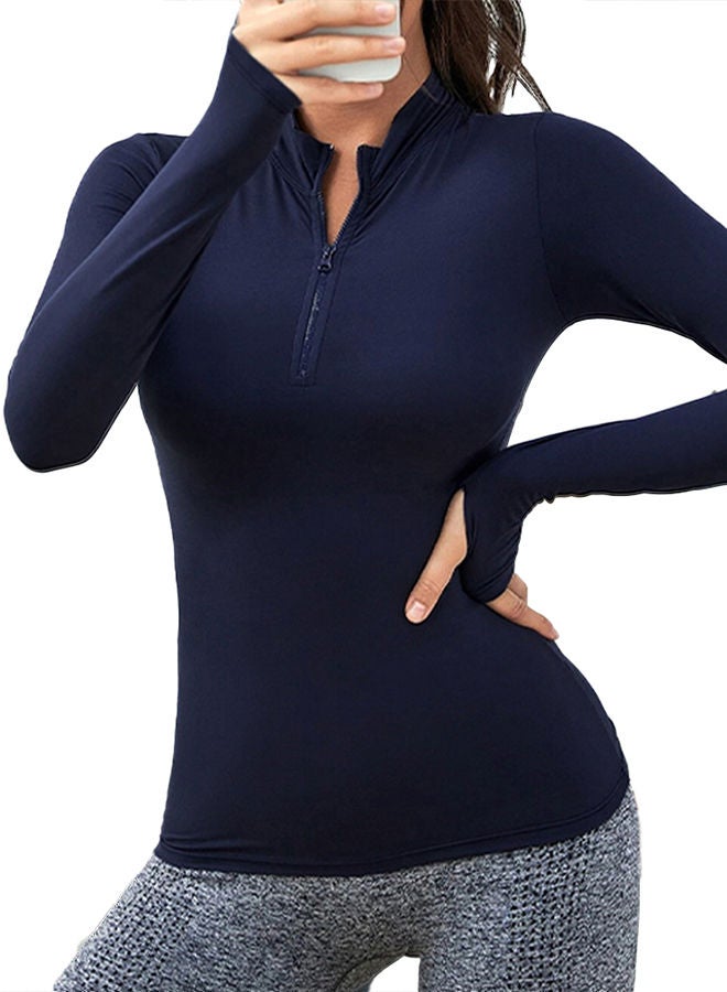 Half Zipper Sport Top Long Sleeves - Navy