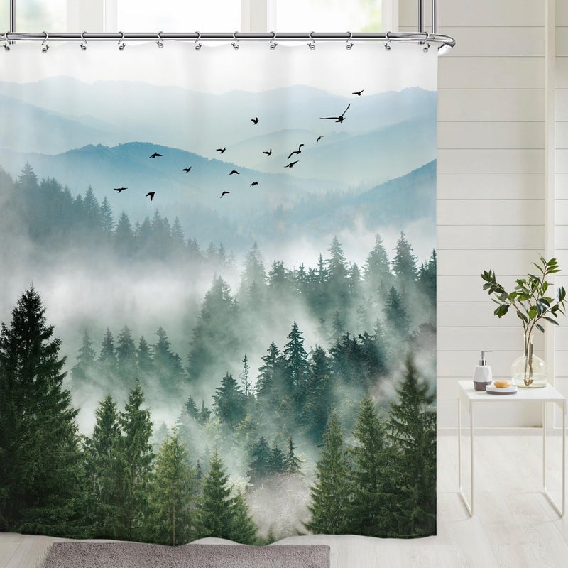 Riyidecor Green Mountain Shower Curtain 72Wx72H Inch Nature Scenery Foggy Pine Tree Scenic Woodland Greenery Landscape Mens Bathroom Decor Fabric Polyester Waterproof 12 Pack Hooks - Image 2