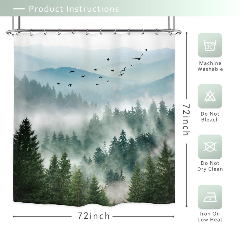 Riyidecor Green Mountain Shower Curtain 72Wx72H Inch Nature Scenery Foggy Pine Tree Scenic Woodland Greenery Landscape Mens Bathroom Decor Fabric Polyester Waterproof 12 Pack Hooks - Image 3