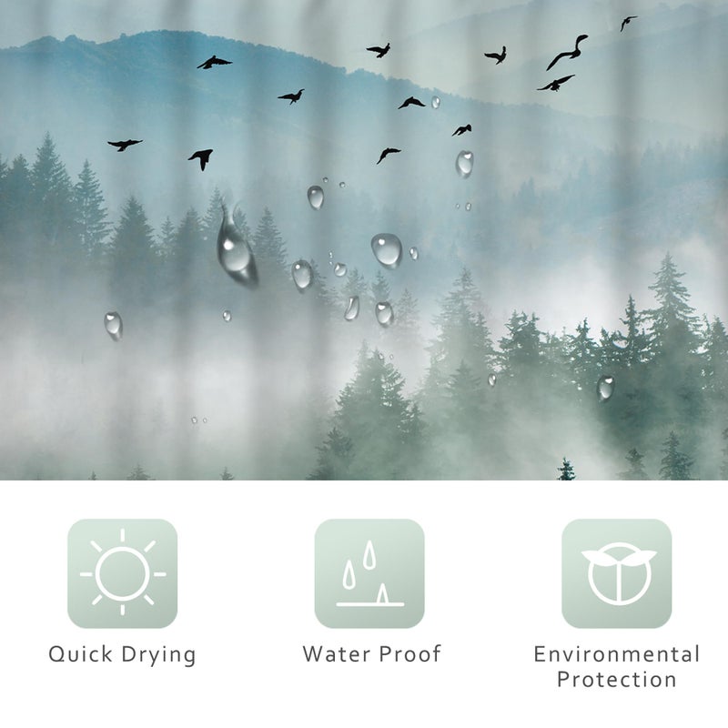 Riyidecor Green Mountain Shower Curtain 72Wx72H Inch Nature Scenery Foggy Pine Tree Scenic Woodland Greenery Landscape Mens Bathroom Decor Fabric Polyester Waterproof 12 Pack Hooks - Image 5