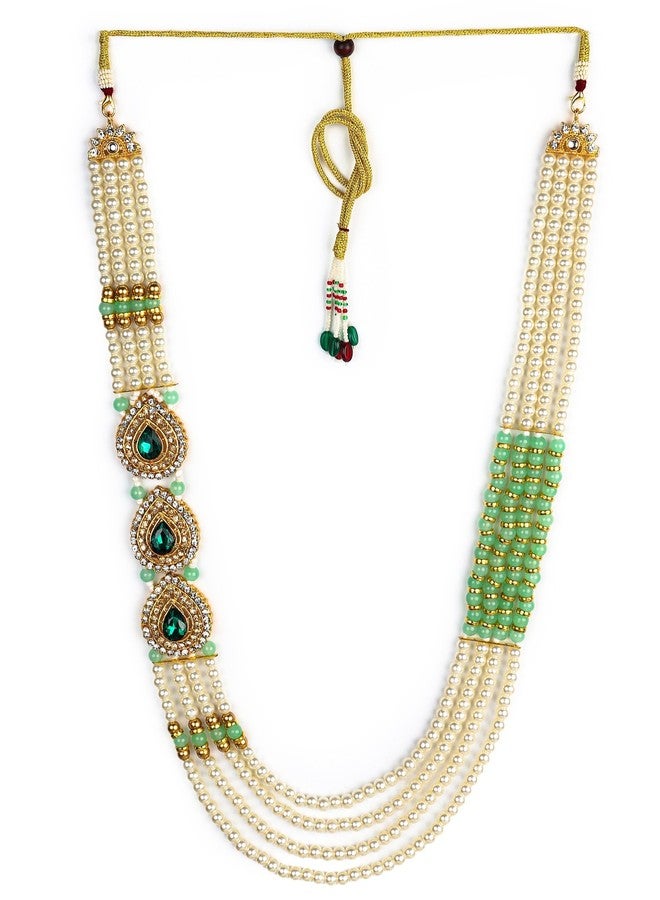 PIHU CREATION triple pendant pearls dulha mala - green & Cream Pearl Gooms Necklace Four Layered & 3 Pendant Design Mala For Men. - Image 1
