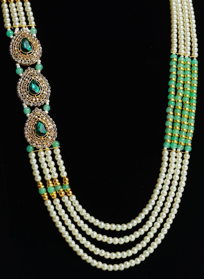 PIHU CREATION triple pendant pearls dulha mala - green & Cream Pearl Gooms Necklace Four Layered & 3 Pendant Design Mala For Men. - Image 3