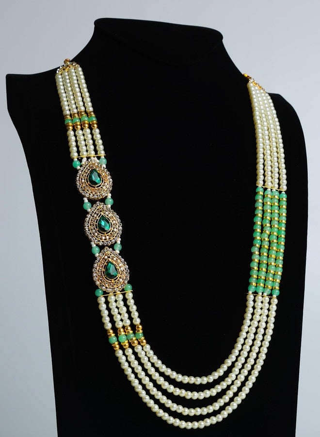 PIHU CREATION triple pendant pearls dulha mala - green & Cream Pearl Gooms Necklace Four Layered & 3 Pendant Design Mala For Men. - Image 4