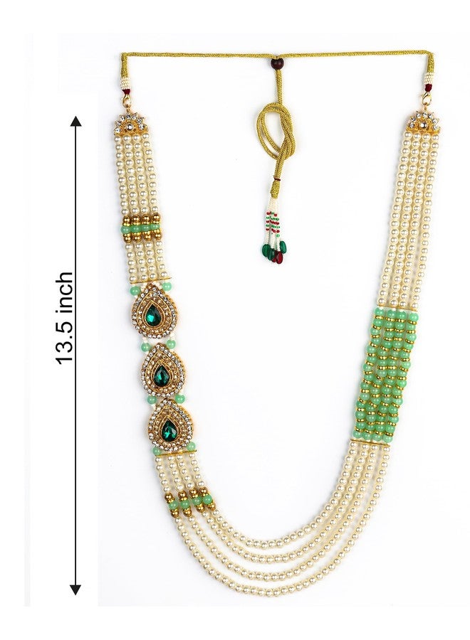 PIHU CREATION triple pendant pearls dulha mala - green & Cream Pearl Gooms Necklace Four Layered & 3 Pendant Design Mala For Men. - Image 2