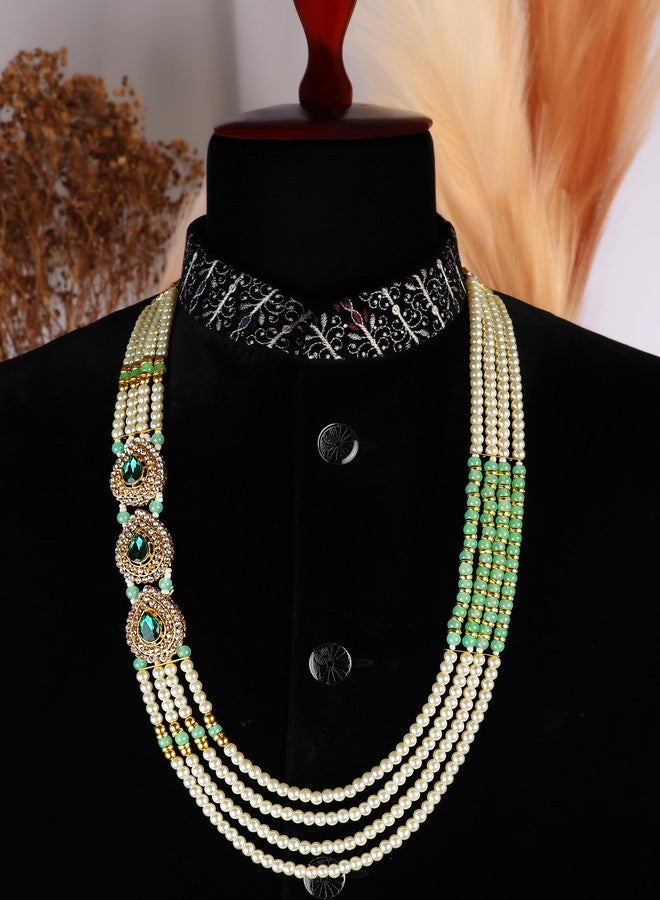 PIHU CREATION triple pendant pearls dulha mala - green & Cream Pearl Gooms Necklace Four Layered & 3 Pendant Design Mala For Men. - Image 5