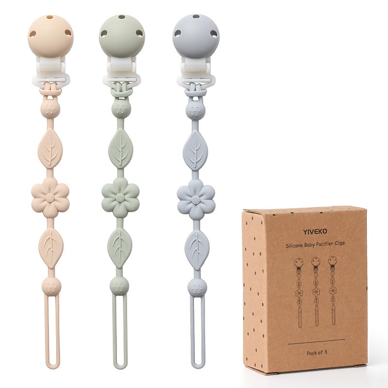 YIVEKO Pacifier Clips for Baby Silicone Pacifier Holder Clips for Boys Girls One Piece Baby Binky Clips YIVEKO Pacifier Clips Flower 3PcsIvorySageBaby Blue - Image 3