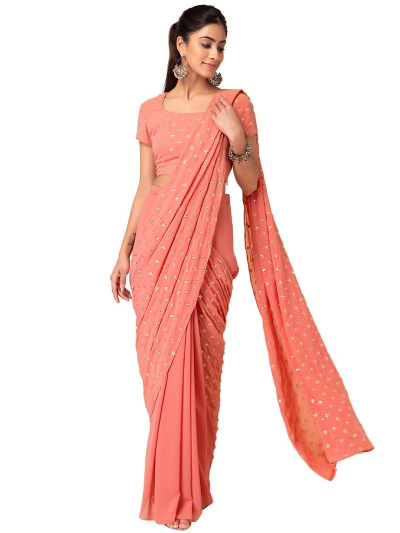 Indya Women's Georgette Embroidered Short Sleeve Regular Fit Blouse (ISS00145_Pink S) - Image 1