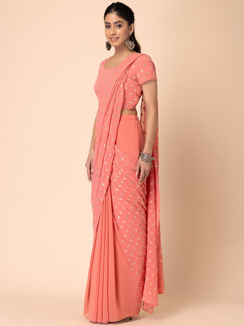Indya Women's Georgette Embroidered Short Sleeve Regular Fit Blouse (ISS00145_Pink S) - Image 5