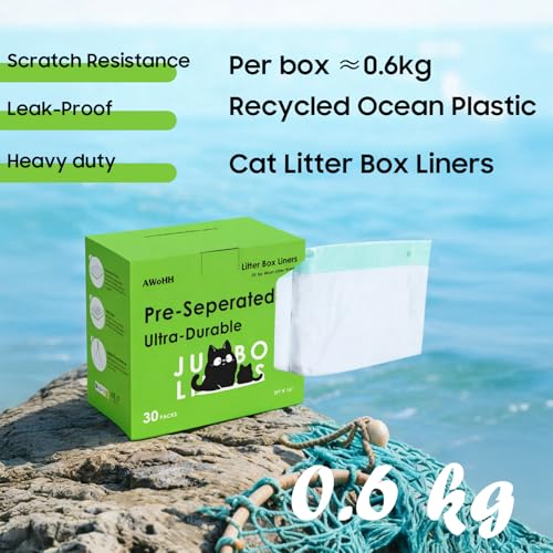 AWoHH Cat Litter Box Liners [30 Count]-Large/Jumbo 37"x16"-Heavy Duty Scratch Resistance Drawstring Litter Bags-Dispenser Box No Tearing Needed-70% Recycled Ocean Plastic - Image 2