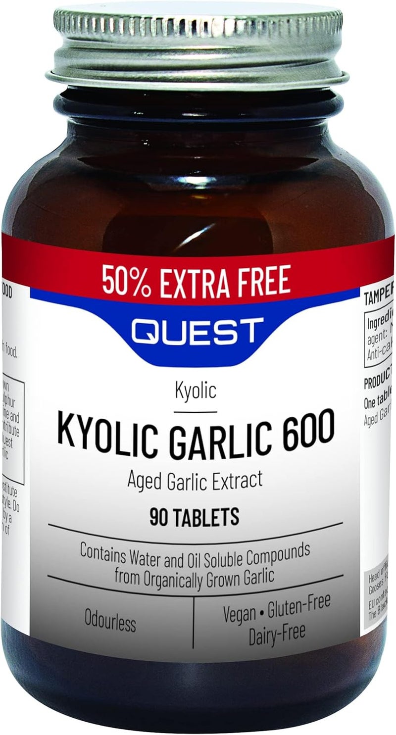 Quest 90x Kyolic Garlic Tablets High Strength 600mg Odourless Aged Garlic Extract for Heart Immune Digestive Cognitive Health Daily Dietary Supplement Vegan GlutenFree Pack of 1 - Image 1